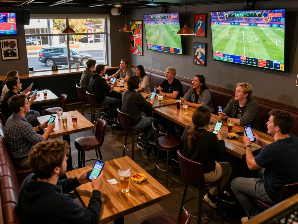 Engaging sports betting moment at 27G, patrons actively using mobile apps while watching live games.