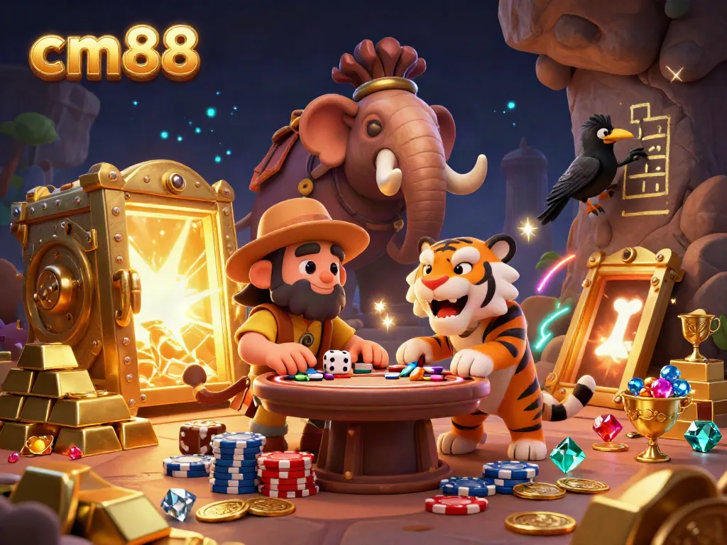 Experience the excitement of cm88 with vibrant 3D rendering of cavemen and sabertooth tigers in a dynamic casino scene.