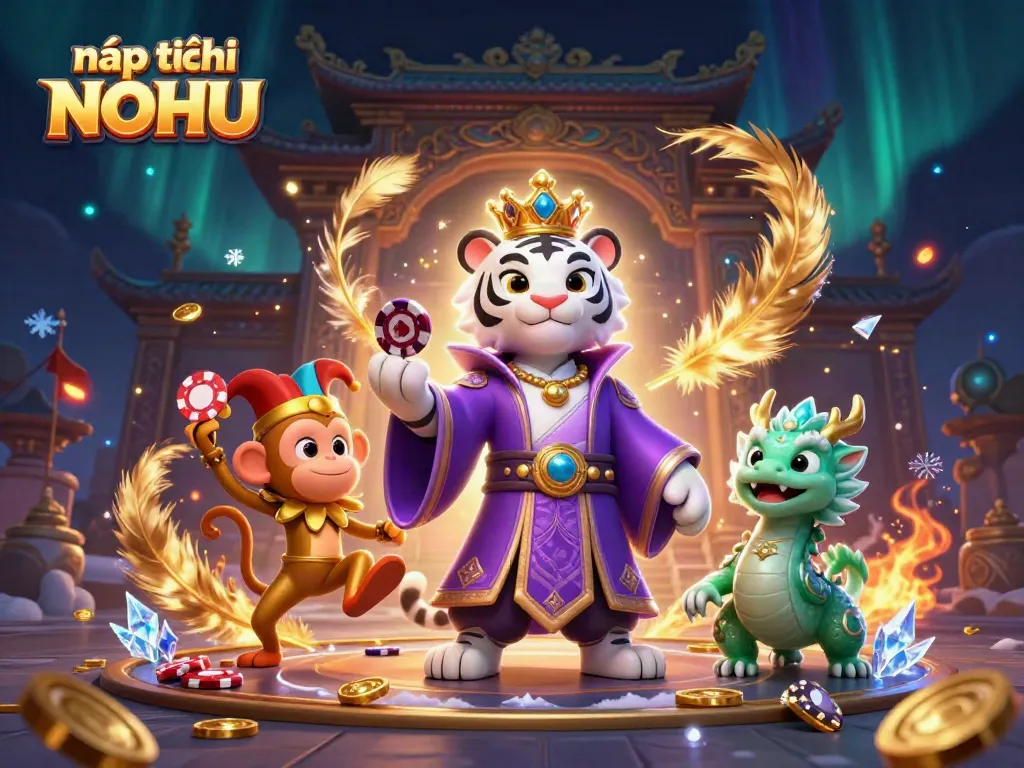 Engage in nạp tiền NOHU with this dynamic scene featuring a regal tiger, jester monkey, and a jade dragon, surrounded by colorful casino elements.