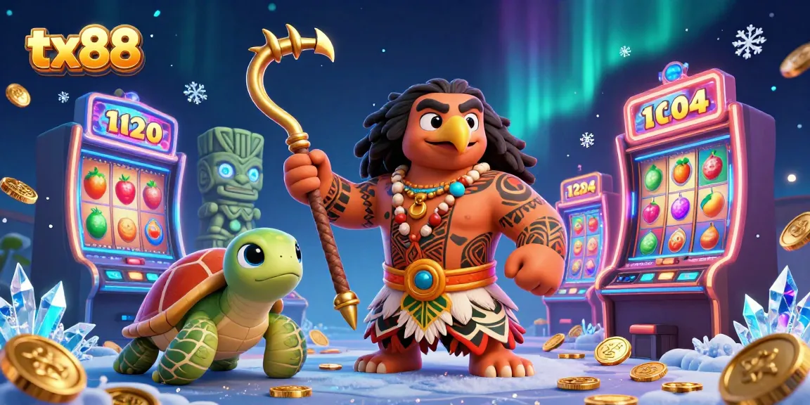 Engage with tx88's captivating 3D casino environment showcasing dynamic slot reels and vibrant characters.