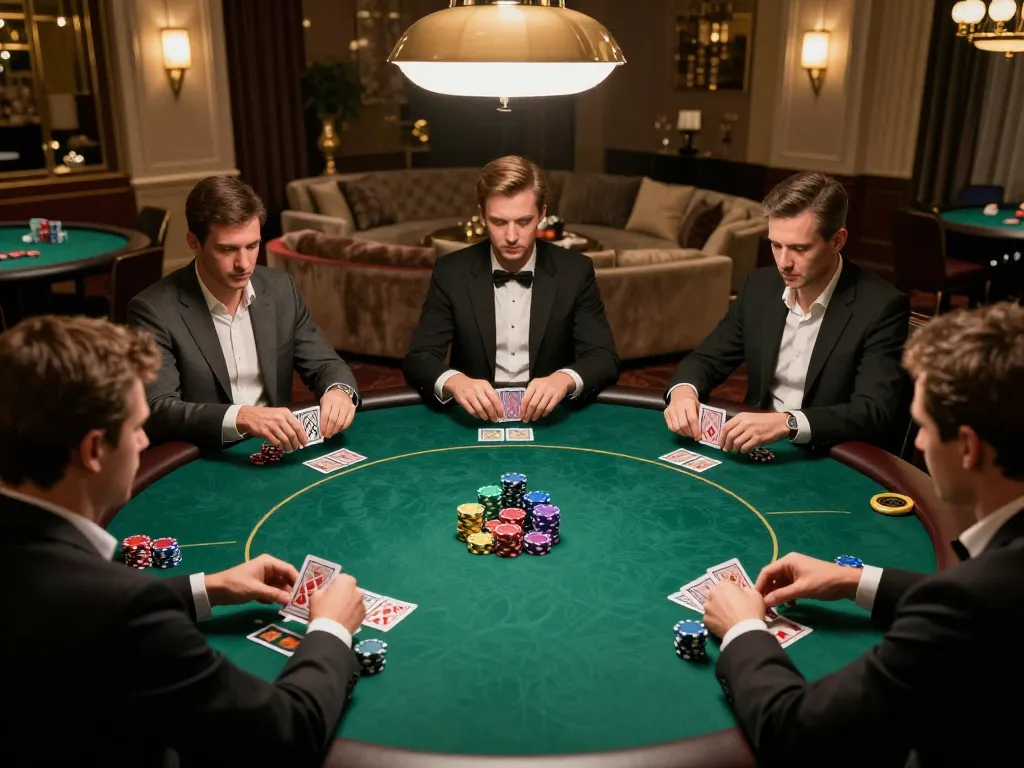 Players engaged in poker at a high-stakes table reflecting ta88ai.com's elite gambling atmosphere.