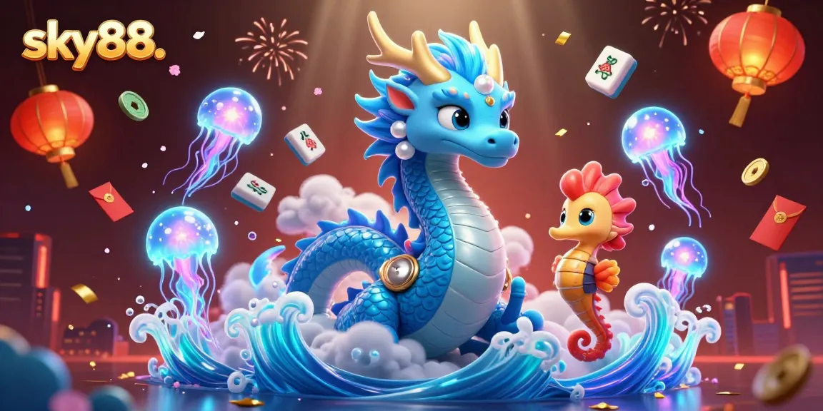 Join the excitement of sky88. with a vibrant depiction of a water dragon and seahorse knight amid glowing casino-themed elements.