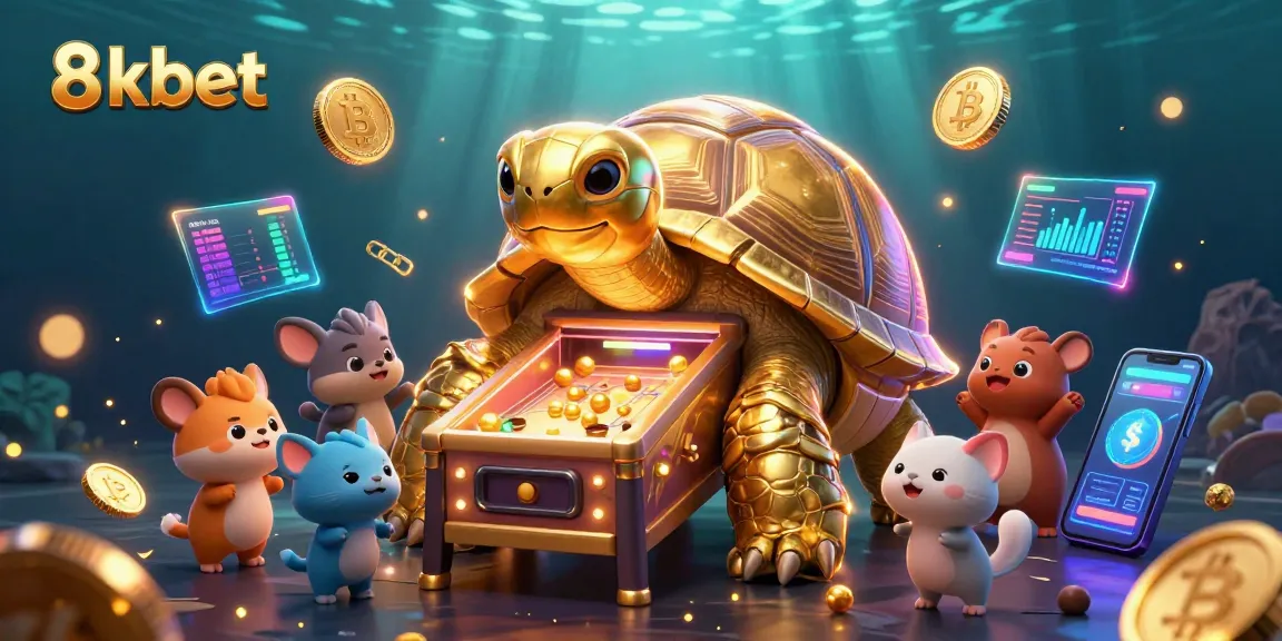Engage with 8kbet’s vibrant 3D casino scene showcasing a golden tortoise pinball machine surrounded by crypto coins.
