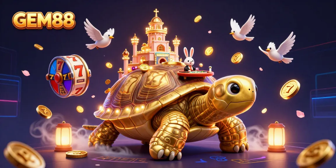 Experience the excitement of GEM88 with a vibrant casino scene featuring a golden tortoise and dynamic slots.