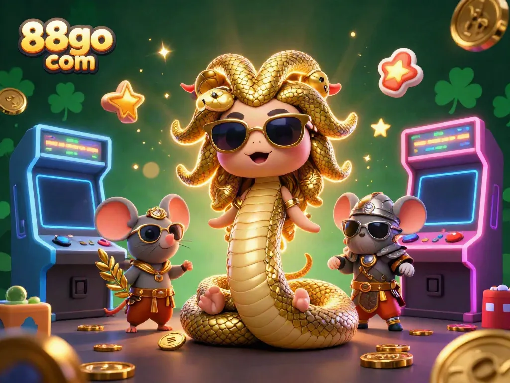Engage in thrilling games at 88go com with an enchanting Medusa and a warrior mouse in a vibrant casino setting.