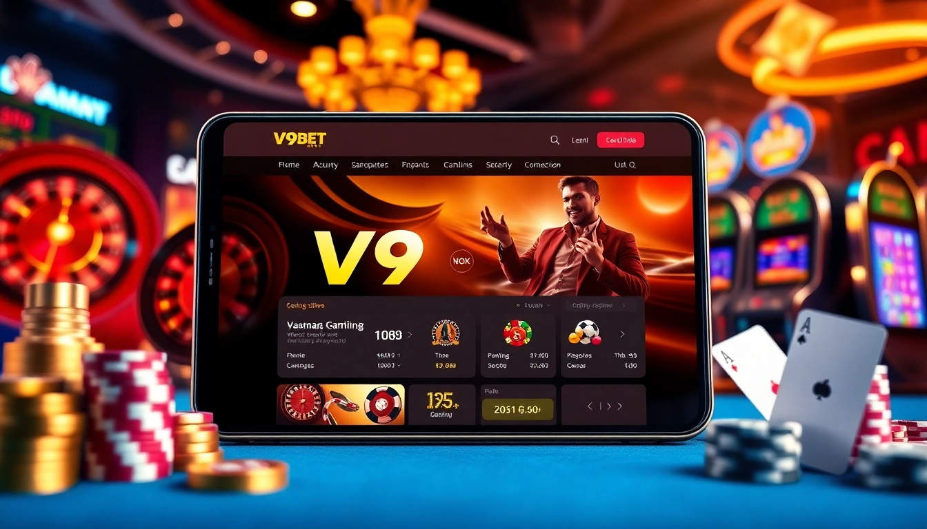 Experience the excitement of v9bet đang nhập with a vibrant online casino interface featuring roulette wheels and poker chips.
