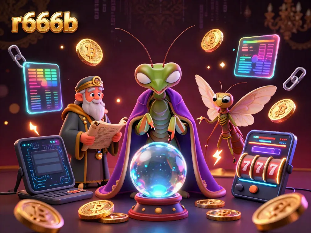 Join the magic of r666b as the fortune teller peers into a crystal ball amid glowing crypto coins.
