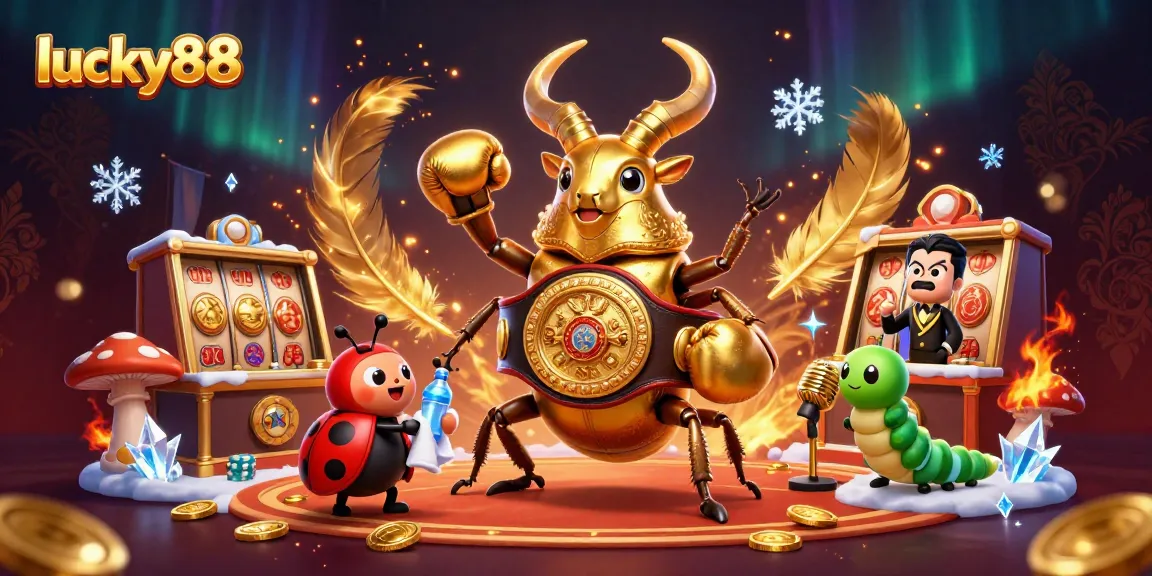 Watch lucky88's golden stag beetle battle in a vibrant casino setting with slot reels and coins.