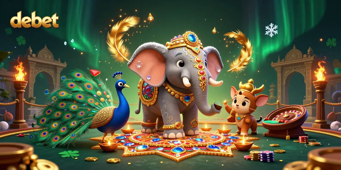 Experience the thrill of debet gaming with a vibrant 3D illustration of an elephant, peacock, and casino elements.