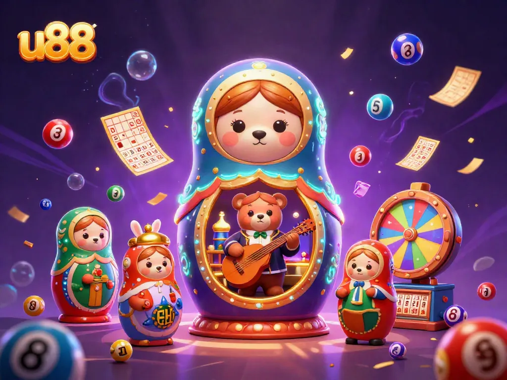 Engage in exciting games at u88 featuring colorful lottery balls, bears in casino attire, and vibrant elements.