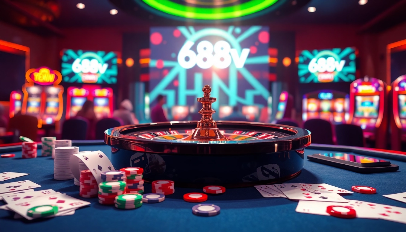 Experience the thrill of 688v casino with vibrant roulette, poker, and slot machines in a luxurious gaming atmosphere.