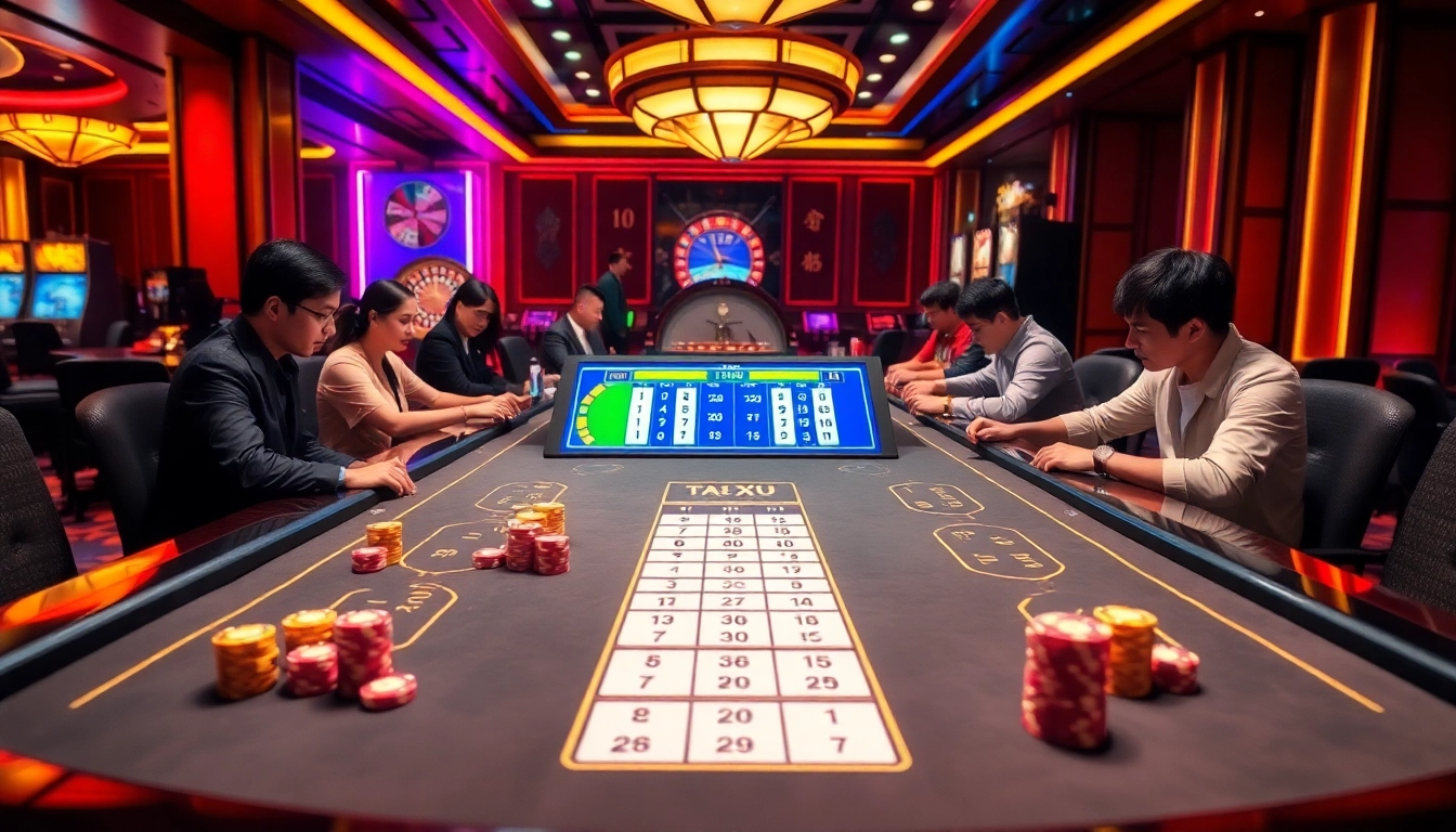 Engaging scene of Tài Xỉu Sunwin game table with players strategizing bets in a luxurious casino.