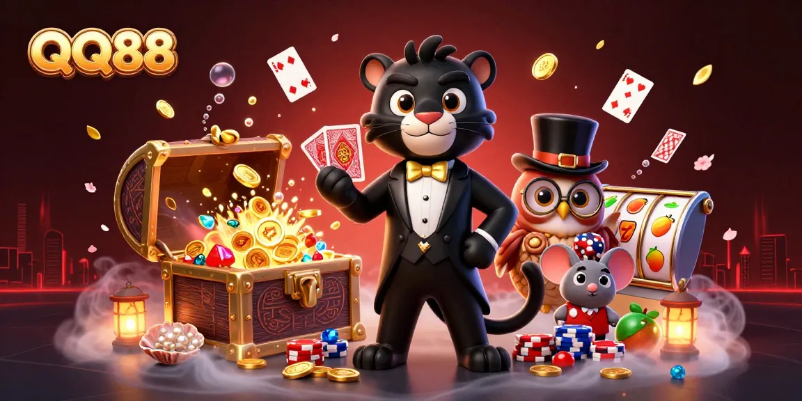 Engage with QQ88's thrilling game world featuring a panther dealer and casino elements.