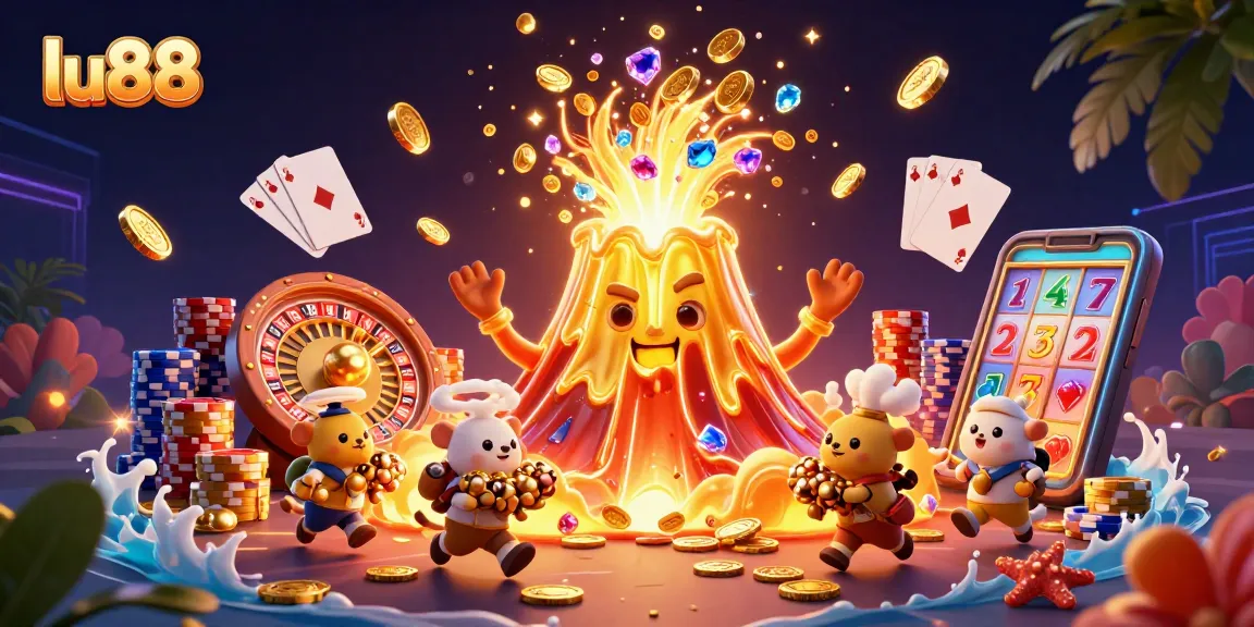 Experience thrilling wins at lu88 with a vibrant 3D illustration of treasure and casino excitement.