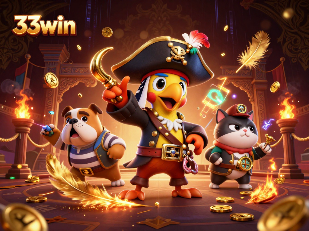 Win big with 33win in a vibrant pirate-themed casino adventure illustration.