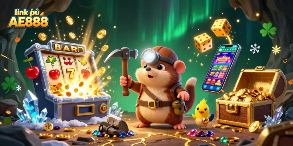 Engage in thrilling gameplay at link vào AE888 featuring jackpot slots, a treasure hunter, and adventures in a casino cave.