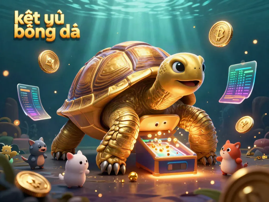 Engaging scene showcasing kết quả bóng đá with a golden tortoise pinball machine attracting eager players, featuring Bitcoin and Ethereum elements.