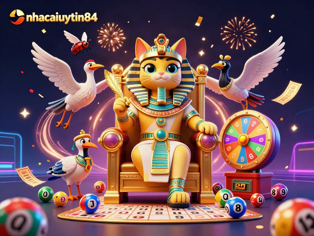 Experience vibrant gaming action with nhacaiuytin84 as an Egyptian pharaoh cat and ibis scribe are surrounded by dynamic lottery elements.