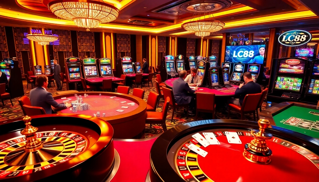 Experience the excitement of LC88 casino gaming with vibrant tables, colorful chips, and spinning roulette wheels.