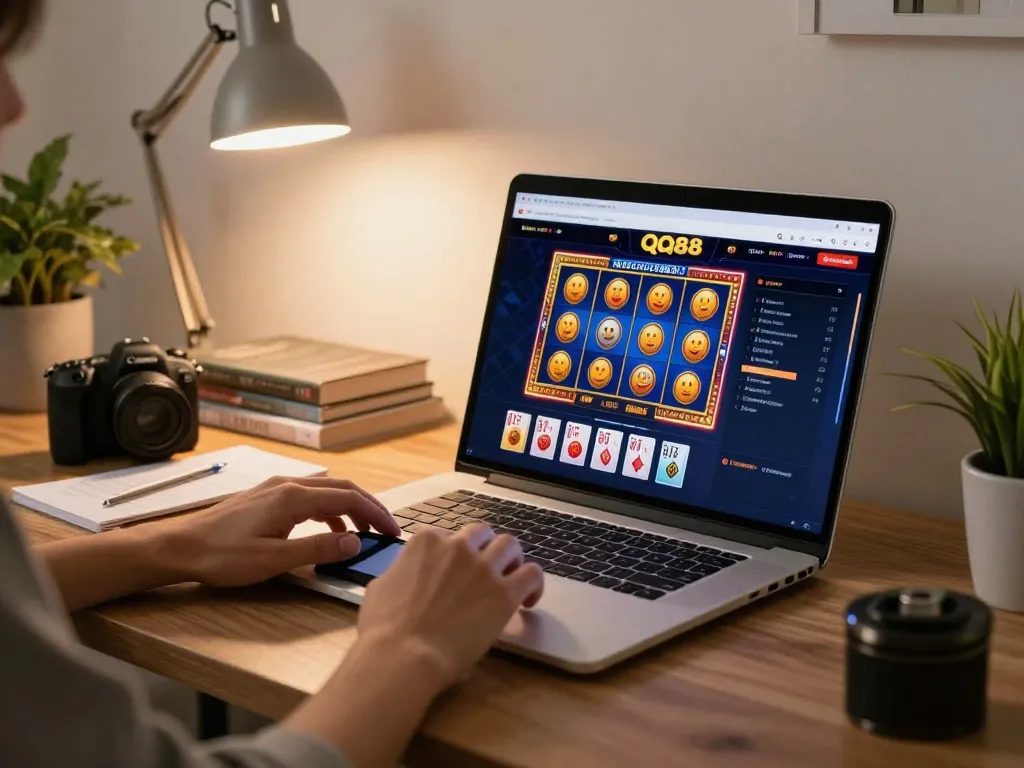 Engaging in online gaming at QQ88, with vibrant slots displayed in cozy home environment.