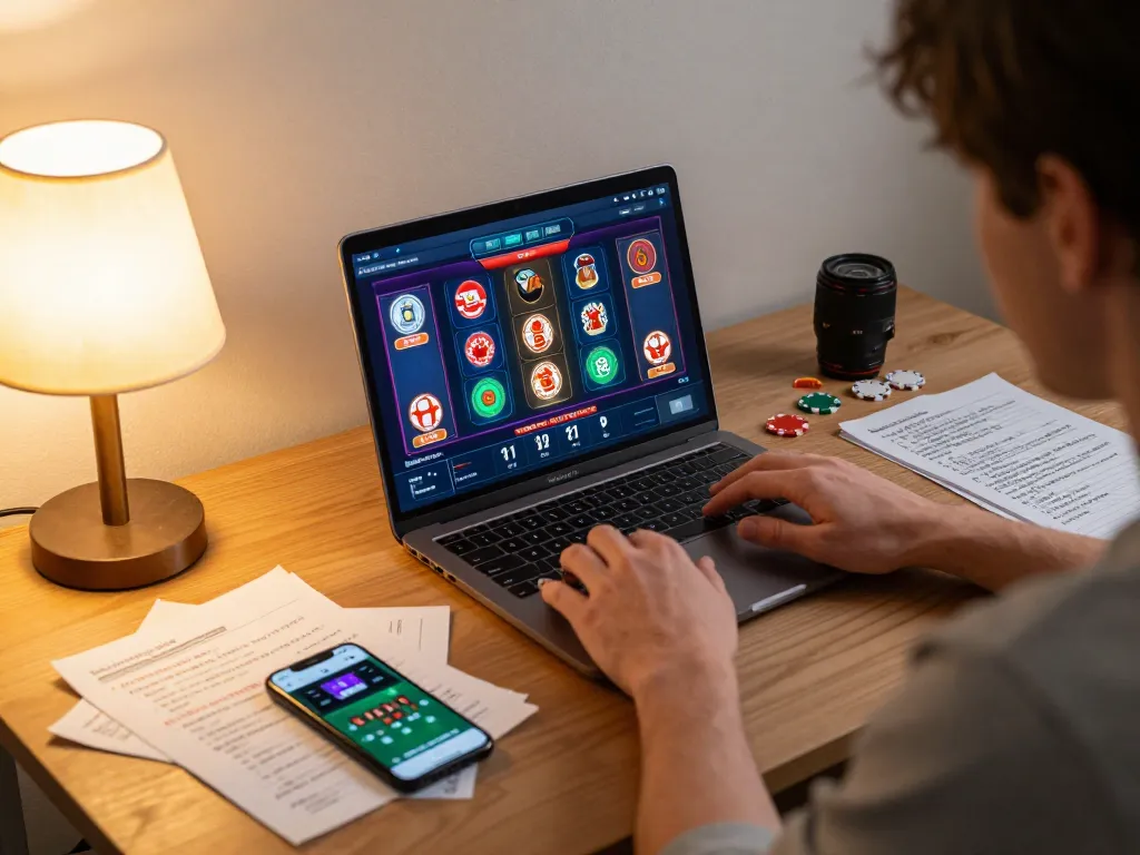 Player using 58ff betting app on laptop during online poker game in cozy home setting.