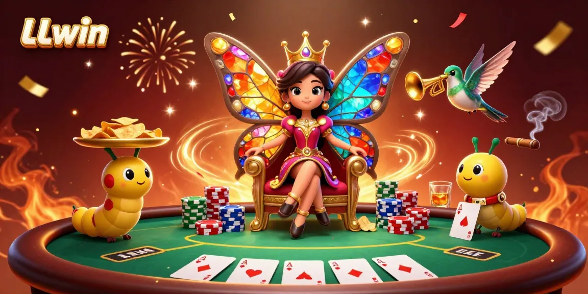 Experience thrilling poker action with LLwin's vibrant 3D casino illustration featuring a butterfly queen.