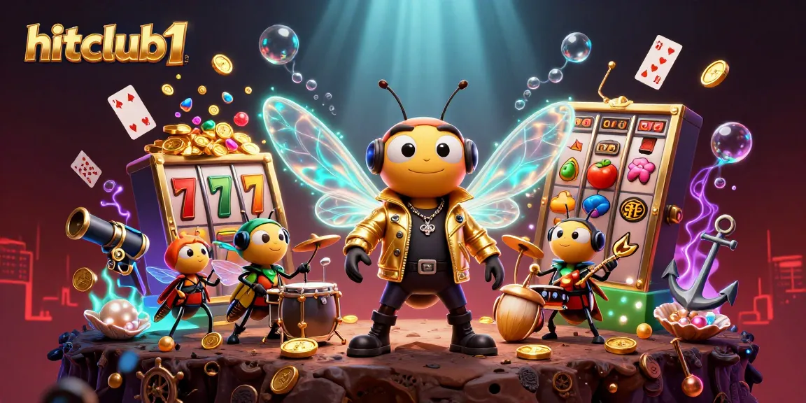 hitclub1 features a vibrant 3D casino scene with the cicada rock star and slot symbols for players.