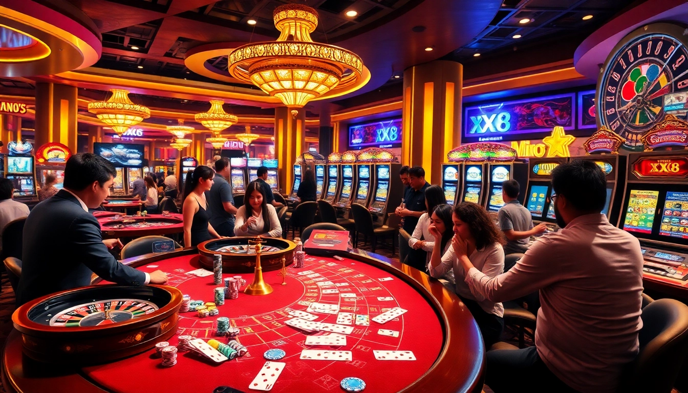 Exciting casino experience featuring XX88 gaming tables, poker chips, and vibrant slot machines.