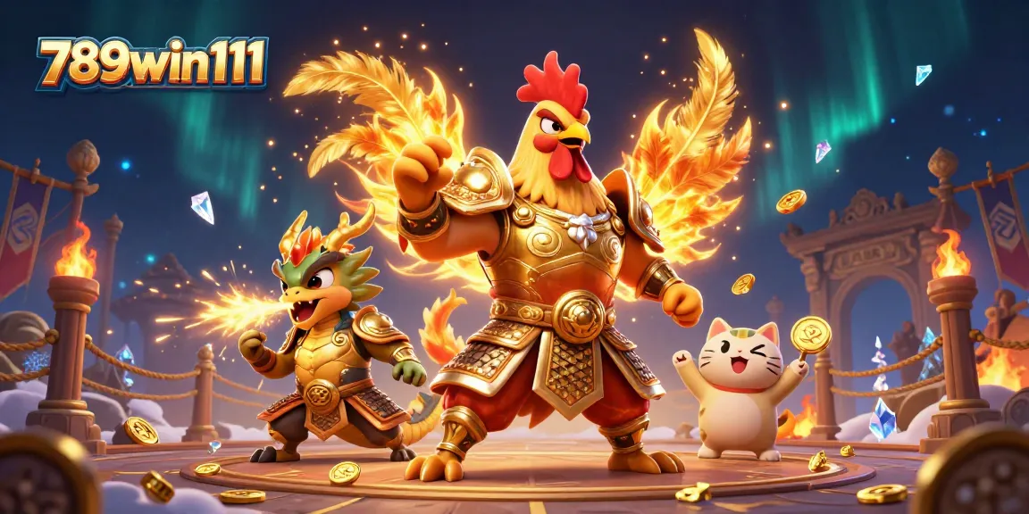 Engage in thrilling gameplay at 789win111, featuring a powerful rooster and dragon in an epic arena.