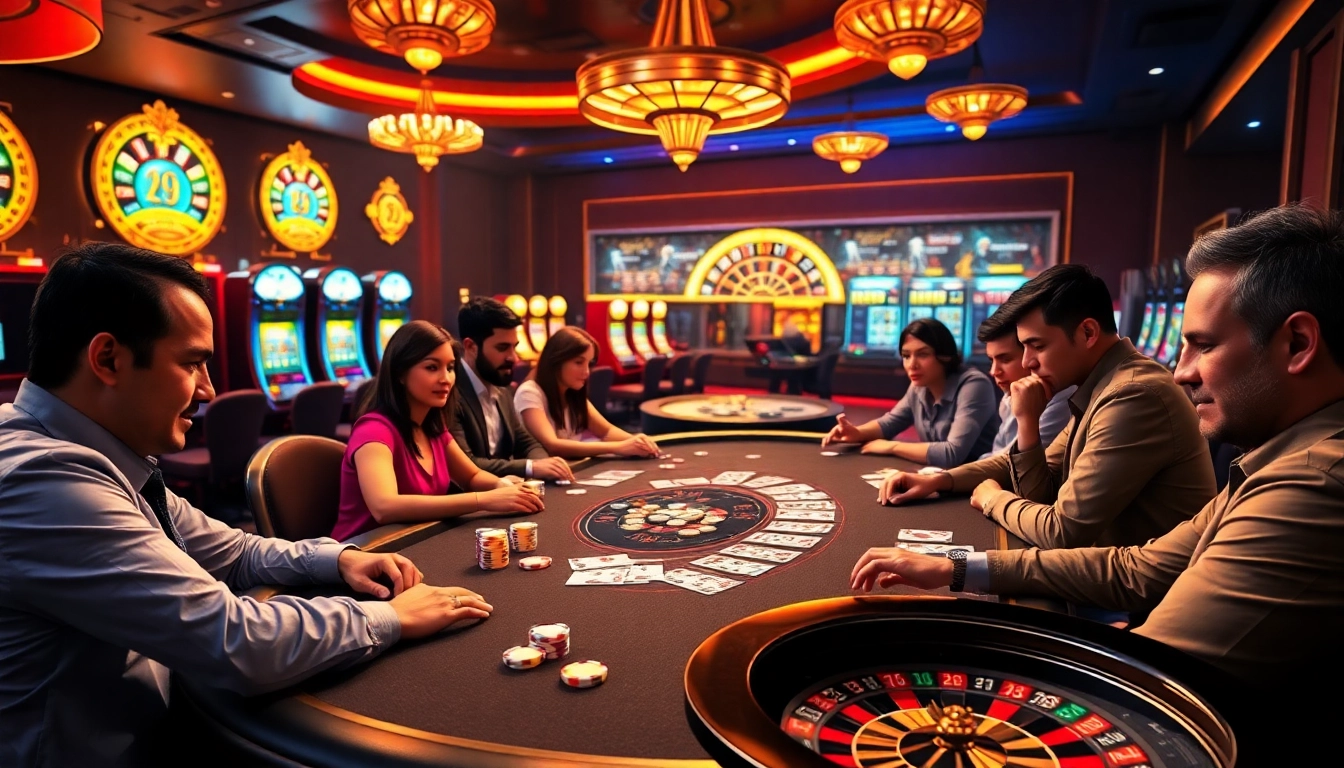 Experience thrilling gameplay at Bomwin with a vibrant poker scene featuring excited players and colorful chips.