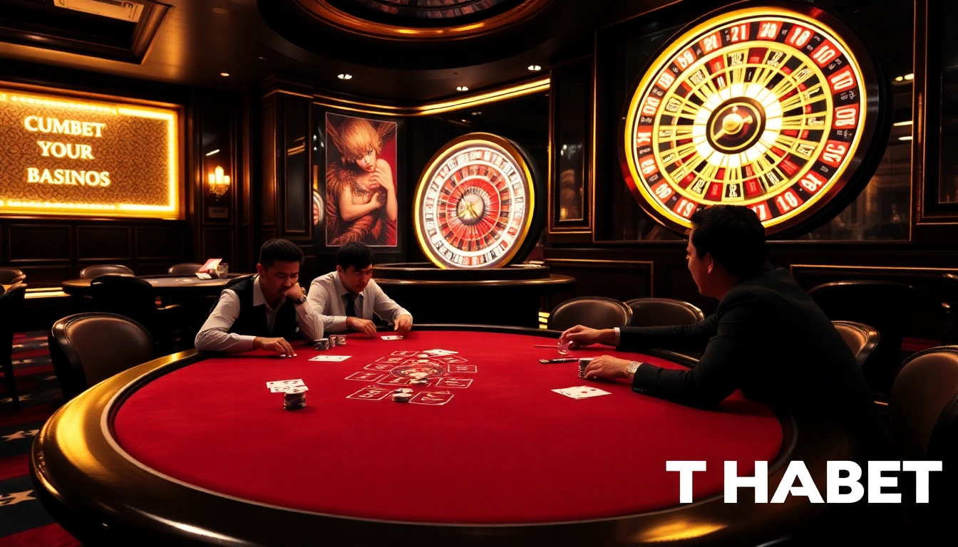 Players strategizing at a THABET poker table in a luxurious casino setting.