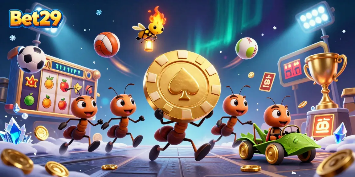 Bet29 showcases a thrilling scene with ants and a grasshopper in an exciting, action-packed gambling illustration.