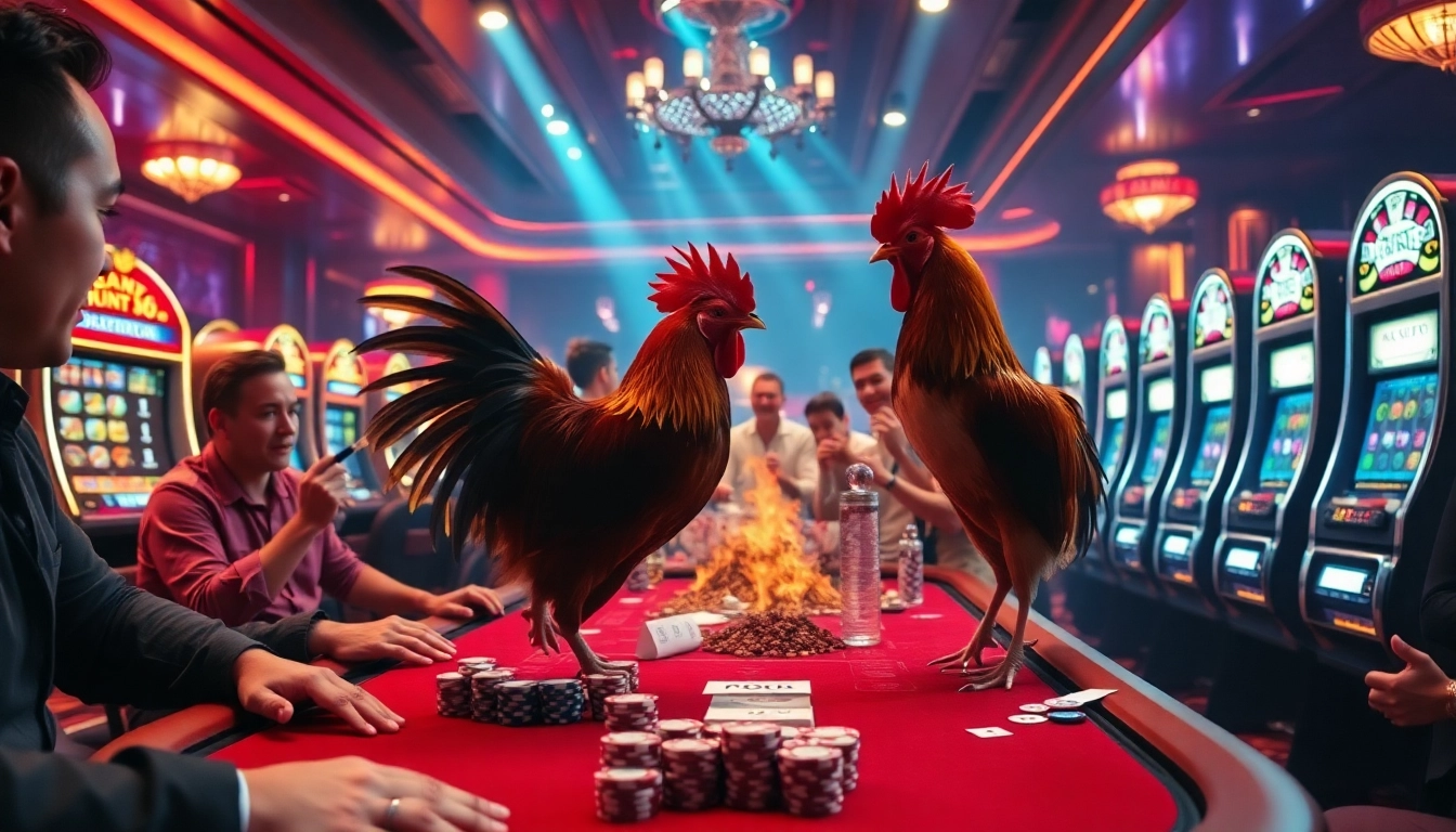 Engaging scene of đá gà trực tiếp 67 capturing the energy of live betting and action in a casino atmosphere.