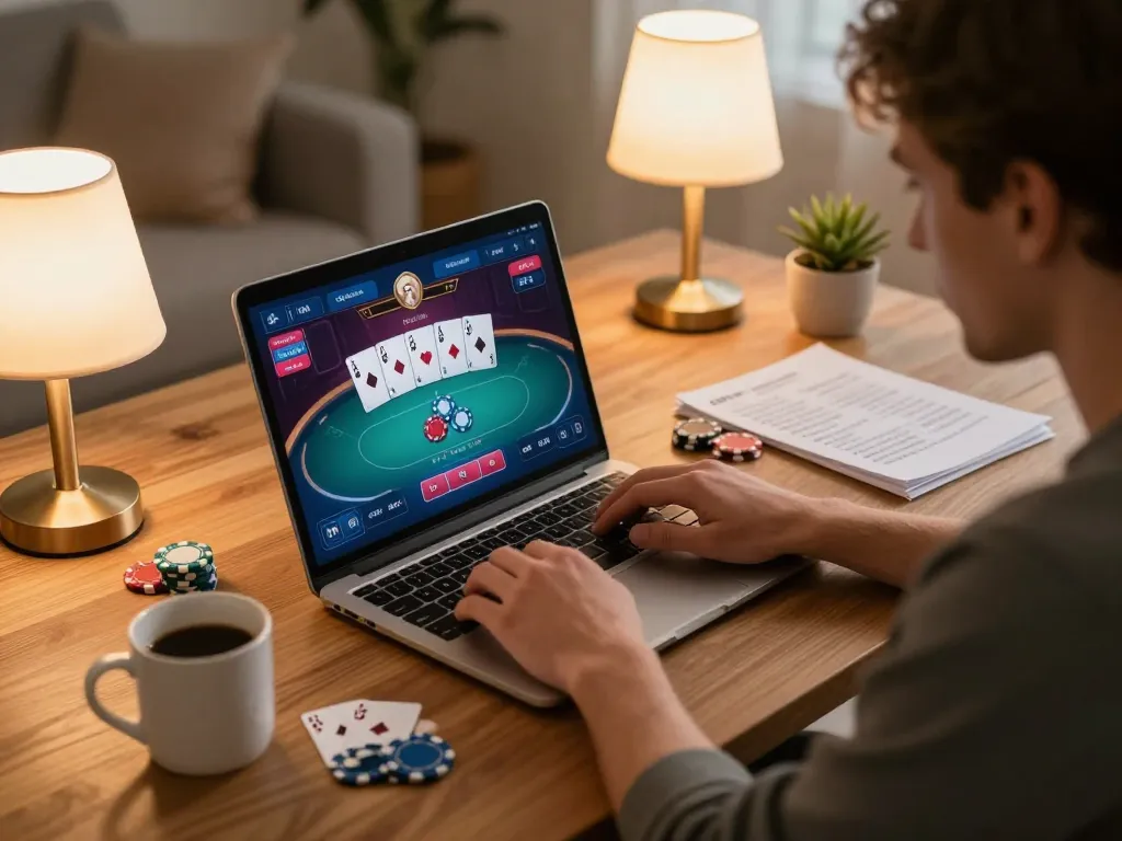 Engaging in game bài mm88 strategy at home with laptop and poker chips
