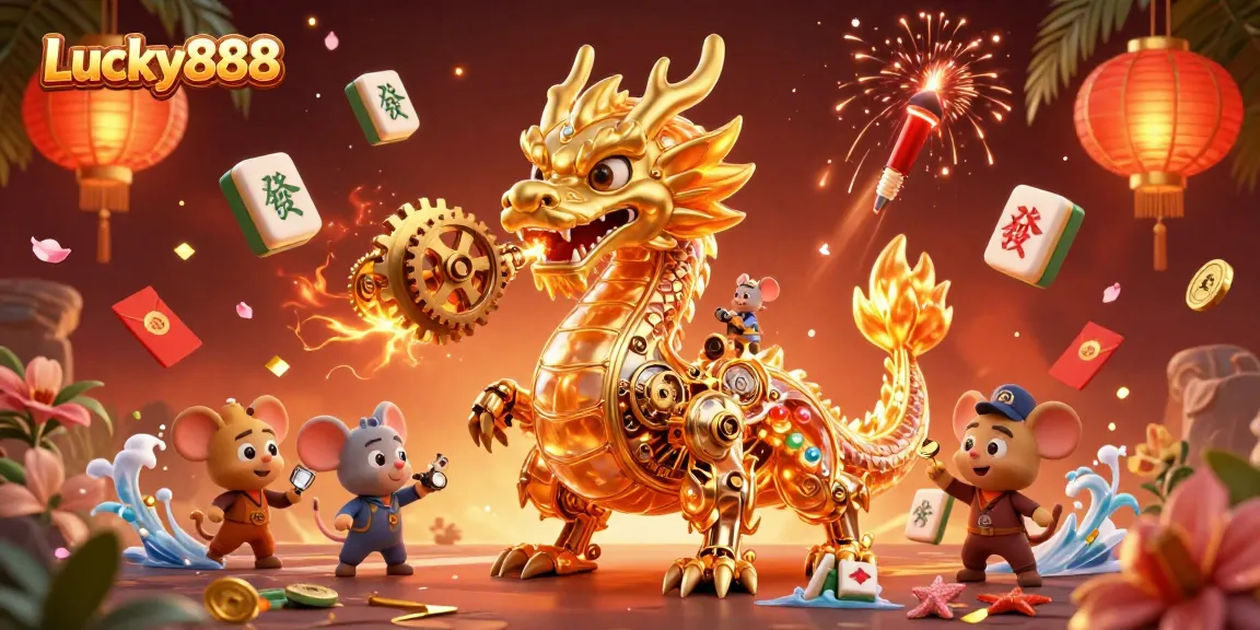 Experience thrilling gaming at Lucky888 with a vibrant casino scene featuring a dragon, golden gears, and festive decorations.