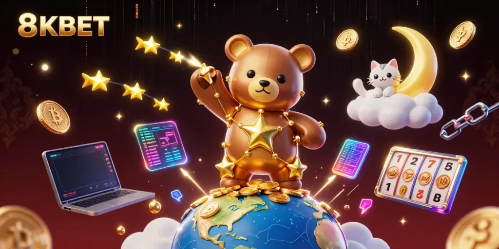Engage with thrilling slots action illustrated by 8KBET, featuring a constellation bear and lucky symbols.