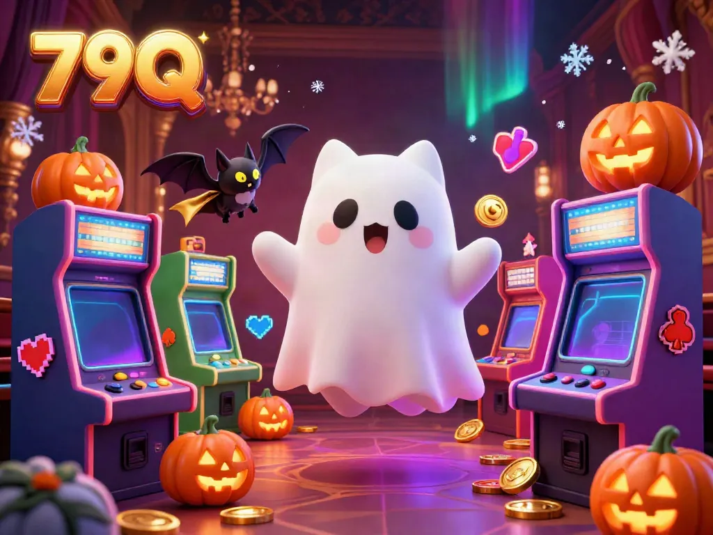 Engage with the magic of 79Q as a floating ghost cat navigates a bustling casino filled with enchanting game elements.