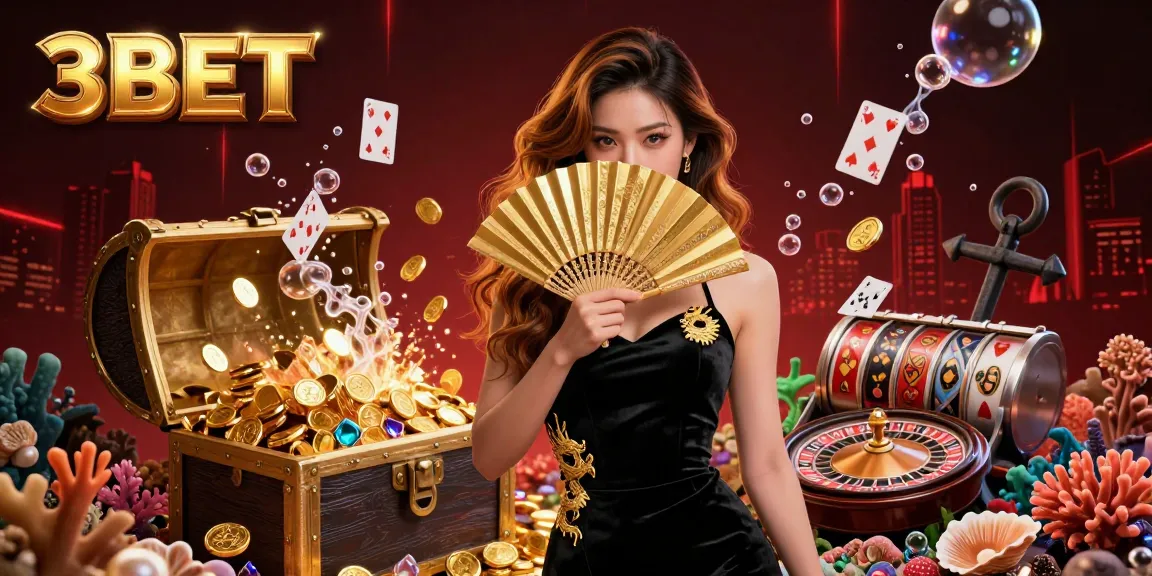 Experience the excitement of 3BET with a captivating illustration of a glamorous Asian casino queen amidst a vibrant gambling scene.