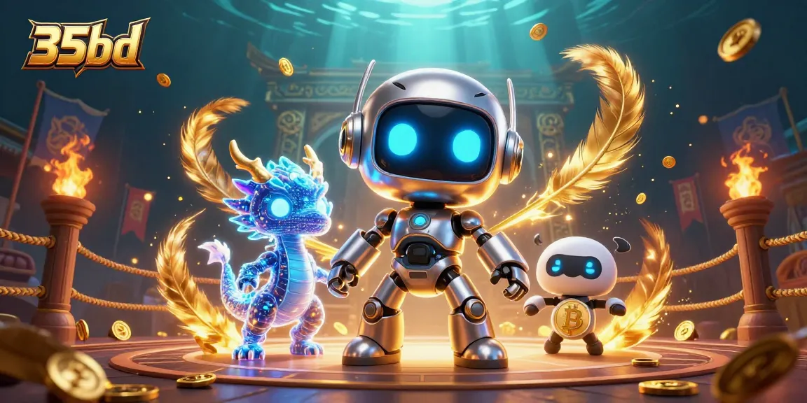 35bd's casino adventure illustrated with a cyberpunk robot, AI dragon, and bitcoin drone