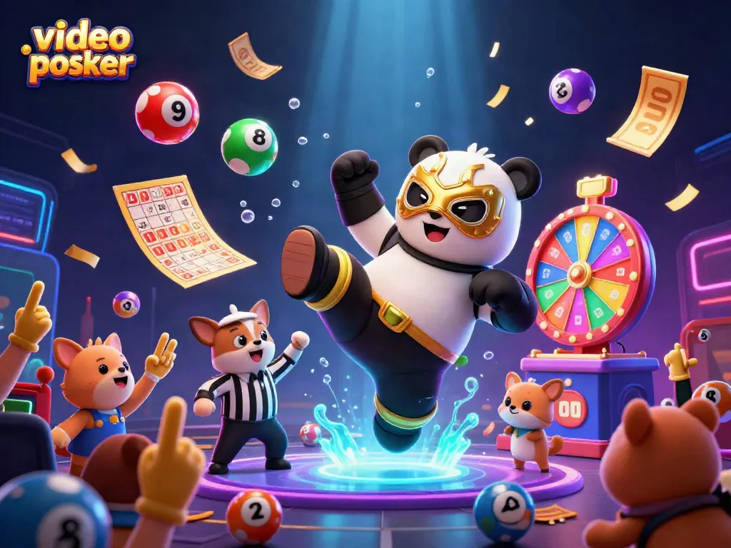 Watch video poker action with a cartoon wrestler panda in a vibrant casino scene!