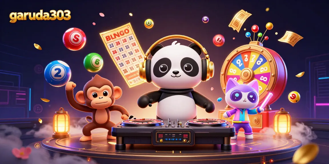 Engage with garuda303's exciting gaming world as DJ panda spins on roulette wheels in a vibrant casino.