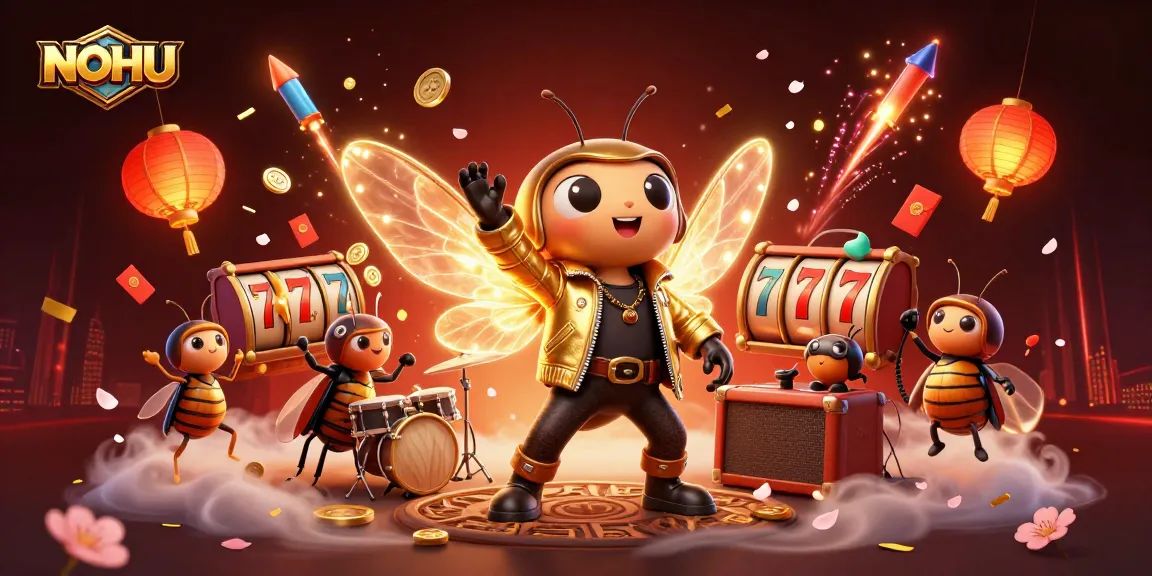 Experience thrilling wins with NOHU in a vibrant casino atmosphere featuring exciting slot reels and dynamic characters.