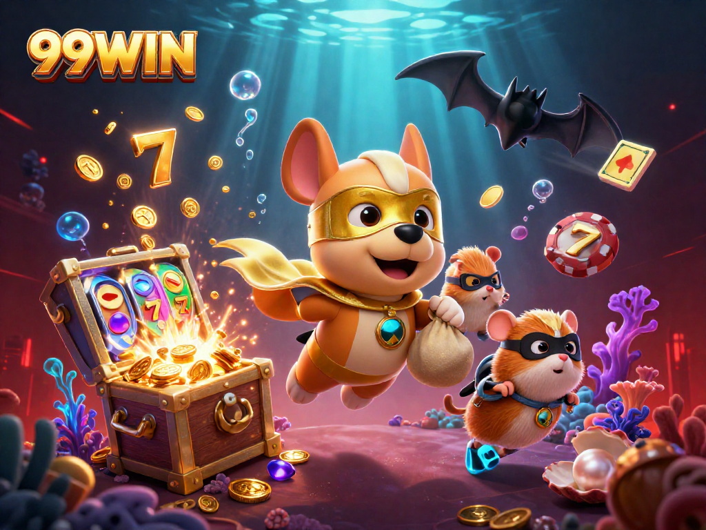 Experience the excitement of 99WIN with a superhero dog flying over a treasure-filled casino scene.