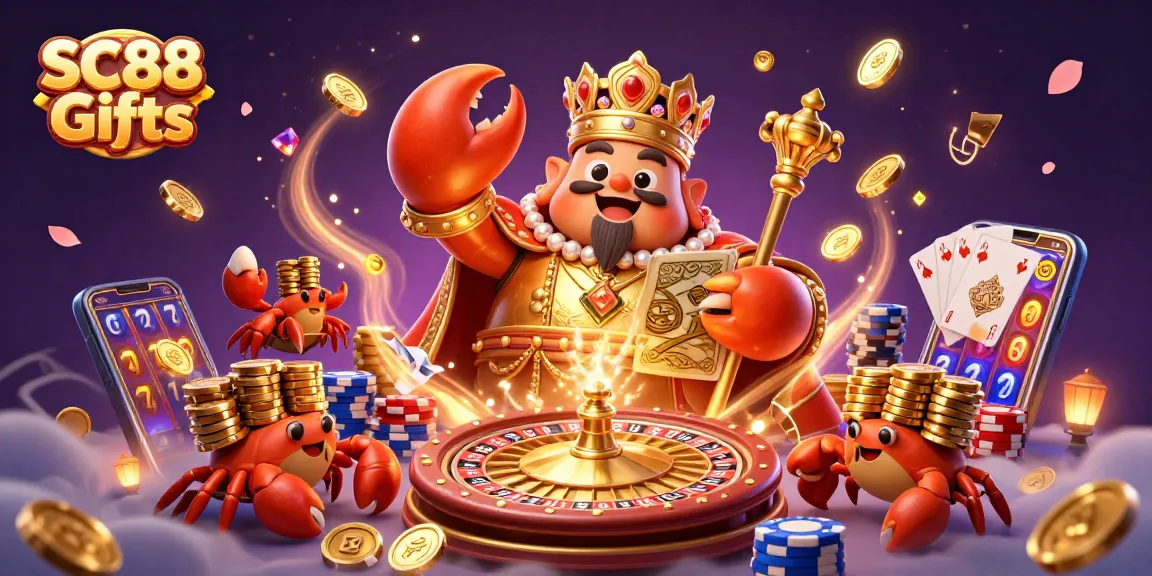 Experience thrilling SC88 Gifts with the golden crab emperor in a vibrant casino scene.