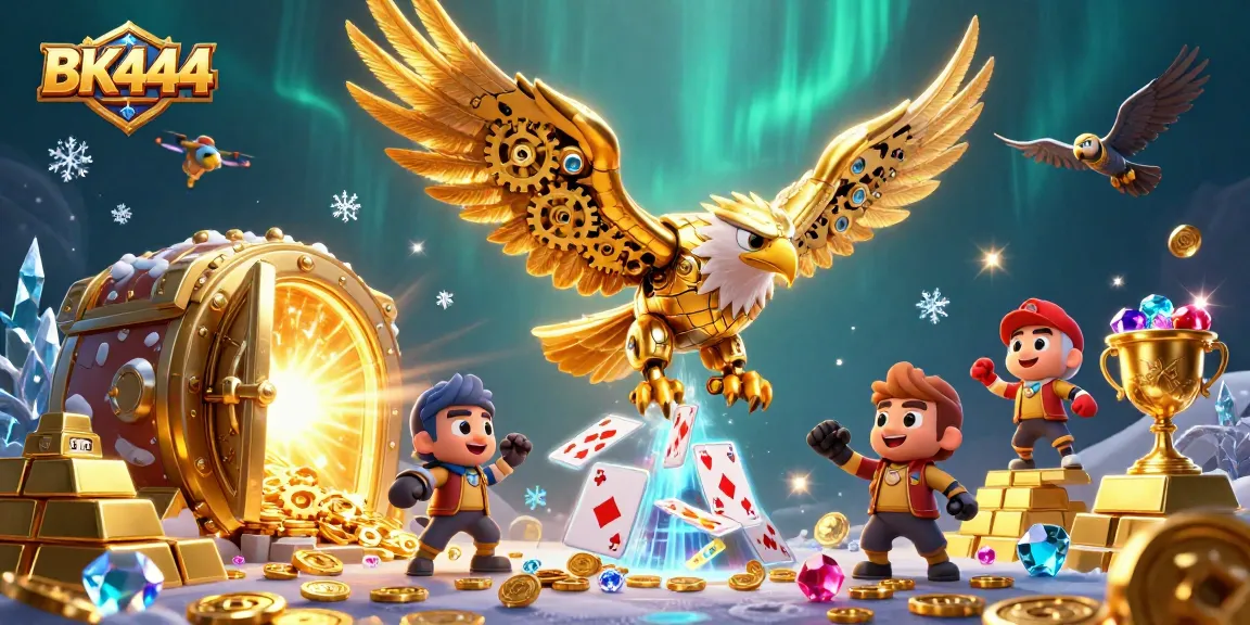 Immerse in the BK444 world of thrilling games, featuring a dynamic eagle and shimmering treasures.