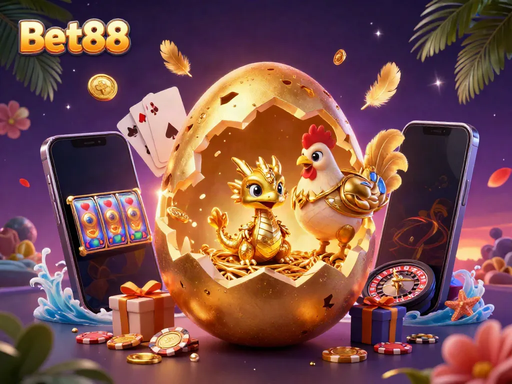 Experience excitement at Bet88 with a dazzling golden dragon and vibrant casino elements.