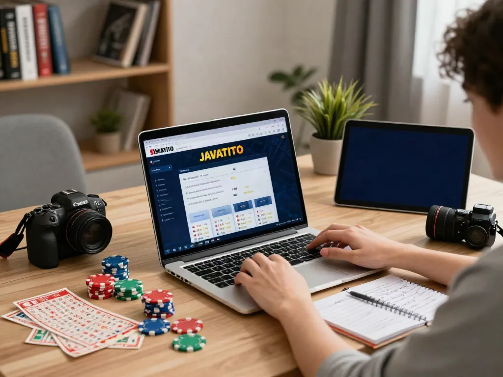 Usuário acessando o java toto no laptop em um escritório aconchegante, cercado por elementos de jogo.