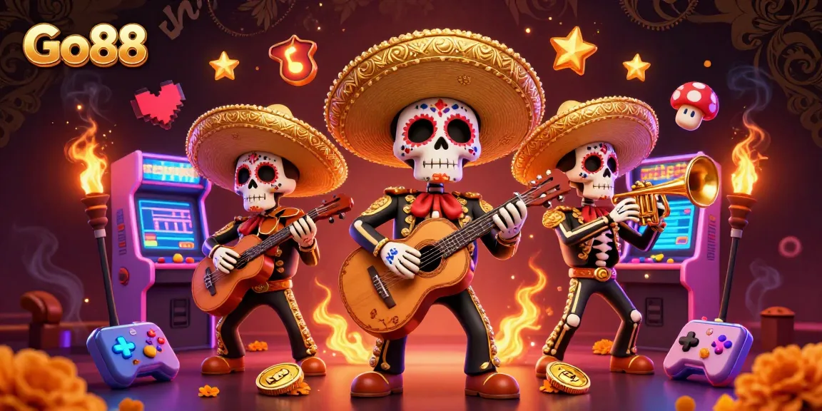 Go88 hosts vibrant game-playing skeletons amid arcade machines, creating a festive casino atmosphere.