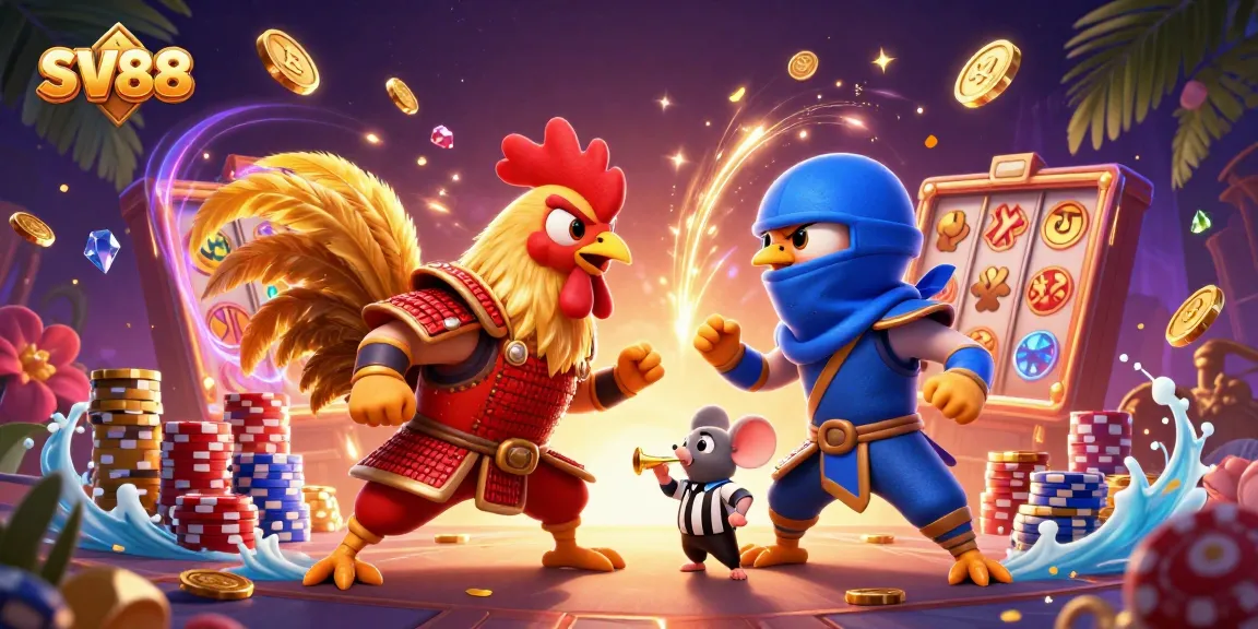 Engage in thrilling SV88 casino action with fighting roosters and dynamic game elements.