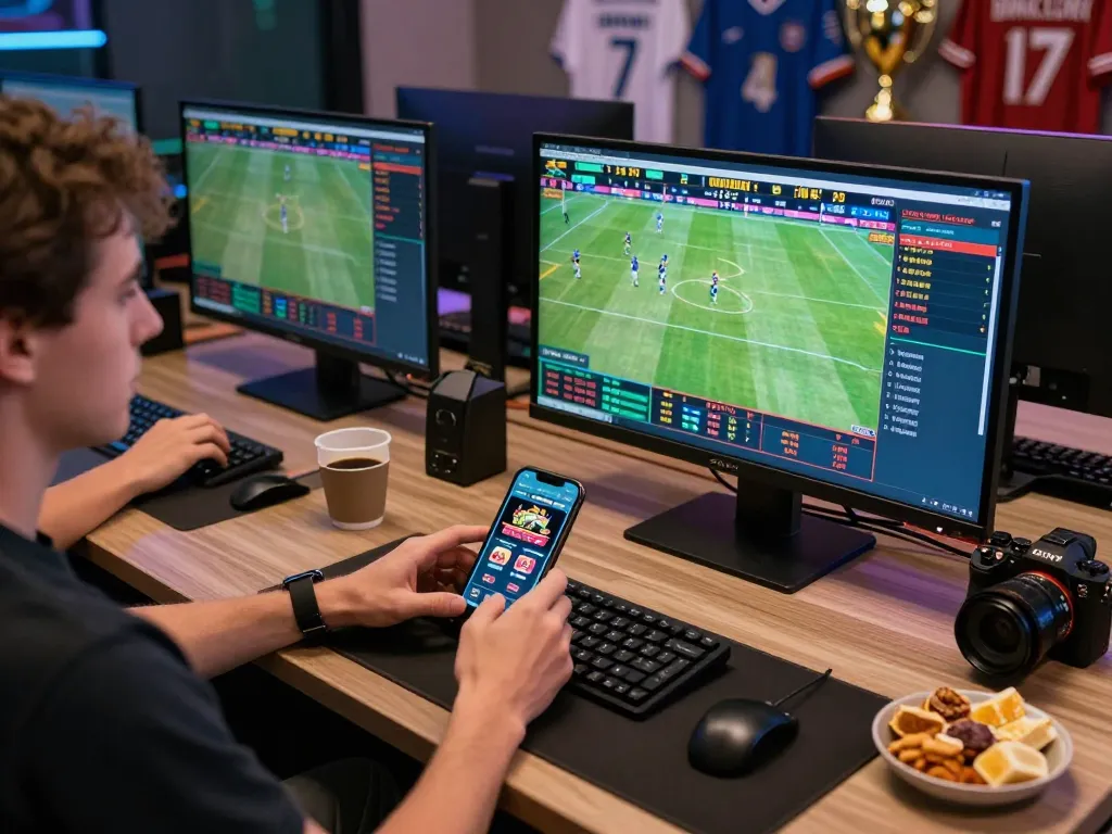 Engaging scene at a home betting station while using the 199 bet app for live sports
